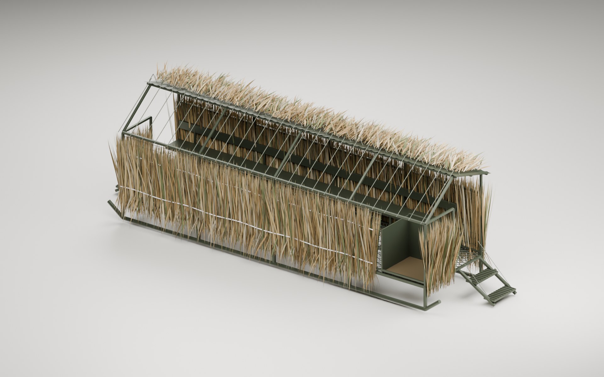 Languille blind concept with dry reed camouflage, open dog box and exterior steps